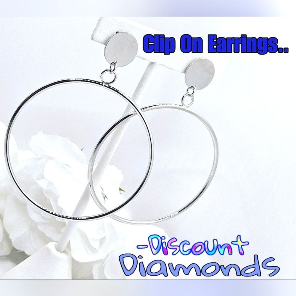 CLIP ONS  Silver Dangle Hoop Earrings